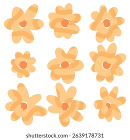 Groovy sunflower pattern set. Summer flowers collection. Asset for stickers and beach towels. Sunset color palette, yellow base with orange swirl. Design and doodle. Vector illustration, EPS 10.