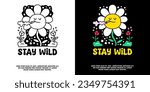 Groovy sunflower smoking cigarette with stay wild typography, illustration for logo, t-shirt, sticker, or apparel merchandise. With doodle, retro, groovy, and cartoon style.