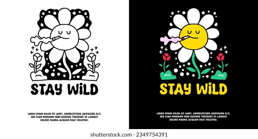 Groovy sunflower smoking cigarette with stay wild typography, illustration for logo, t-shirt, sticker, or apparel merchandise. With doodle, retro, groovy, and cartoon style. svg