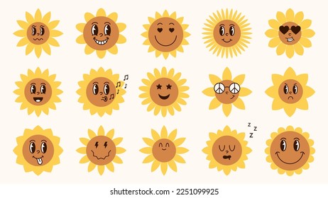 Große Sonnenblumen mit Cartoon-lustigen Gesichtern. Sonnenblumen Cartoon Charakter.