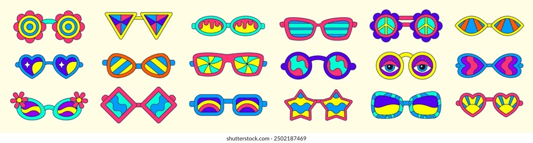 Gafas de sol estupendas. Abstractas flor, estrella y forma de corazón. Accesorio de verano de diseño de vidrio. Moda vintage, amor, dibujo plano de dibujos animados, fuego y sol en la lente. Pegatina círculo retro. Vector ordenado gráfico