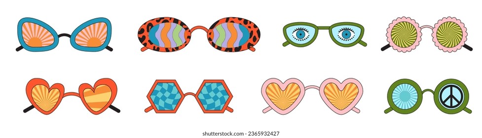 Groovy sunglasses. Collection of hippie sunglasses in trendy groovy style