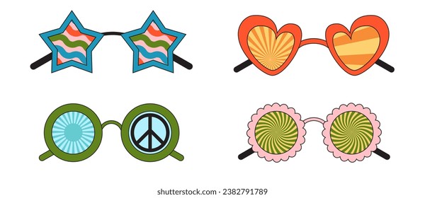 Groovy sunglasses. Collection of hippie sunglasses in trendy groovy style