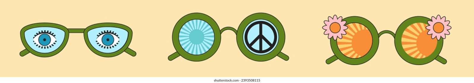 Groovy sunglasses. Collection of hippie sunglasses in trendy groovy style