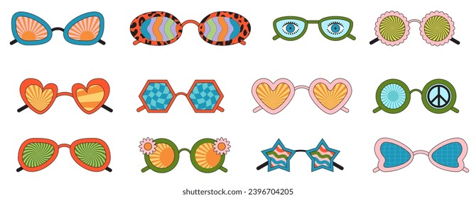 Groovy sunglasses. Collection of hippie sunglasses in trendy groovy style