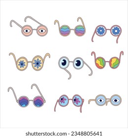 Groovy sunglasses with deco elements. 70s, 80s, 90s vibes funky sticker. Retro psychedelic glasses vector illustration. Vintage nostalgia element for card, poster design and print
