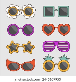 Groovy sunglasses eyeglasses icon set. Heart round, star, daisy flower, pineapple, shape sunglass. Different glasses. Retro hippie style 1970s. Hipster glass. Flat design. White background. Vector