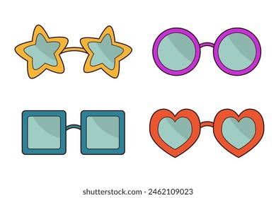 Groovy sunglasses eyeglasses icon set. Retro hippie style 1970s. Different glasses sun protection. Heart, square, round, star shape sunglass. Hipster eyewear glass. Flat design White background Vector