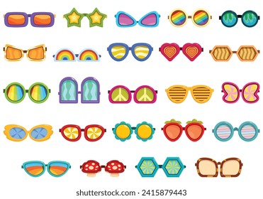 Groovy sunglasses icons set cartoon vector. Star funky. Shape fashion disco