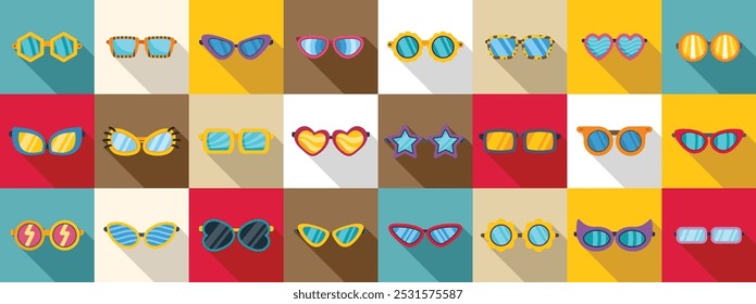 Groovy sunglasses icons set. Sunglasses with star or heart shaped lenses, round or square frames, for summer time