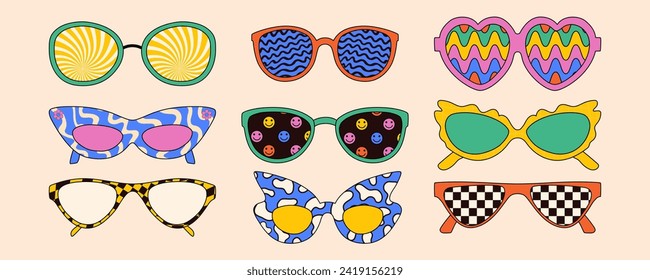 Groovy sunglasses psychedelic set in Y2k style. Vector illustration