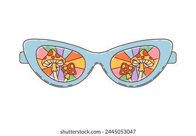 Groovy sunglasses, retro hippie eyewear with psychedelic rainbow and mushroom eyes, cartoon vector. Trippy funky summer, groovy 70s hippie and disco pop art sunglasses with hypnotic rainbow