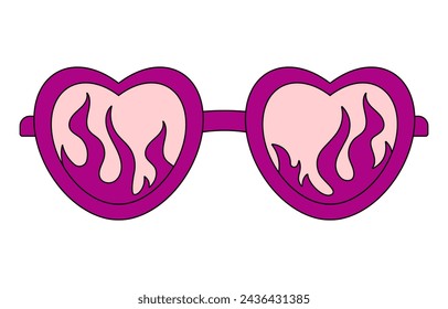 Groovy Sunglasses in Retro Hippie Style. Abstract Vector Eyewear in 1970s Love Symbol Heart Bonfire,Fire,in Pink Color on White Background.for Print on T-Shirts, Cards Creating Logo. EPS 10
