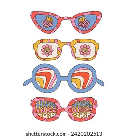 Groovy sunglasses set. Collection of hippie sunglasses in trendy 70s groovy style. Linear hand drawn vector illustration.