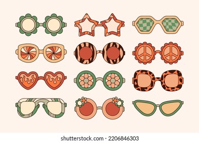 Groovy Sunglasses Set in Retro Hippie Style . Geometric Abstract Vector Eyewear in 1970s in Different Forms: Heart, Peace Symbol, Stars, Daisy Flowers for Print on T-Shirts, Cards, Creating Logo