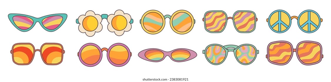 Groovy sunglasses set in retro hippie style. Cartoon psychedelic elements.