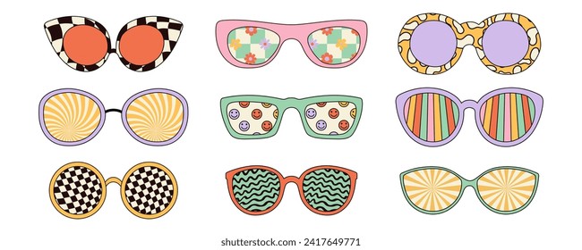 Groovy sunglasses set in retro hippie style. Vector illustrations isolated on white background.