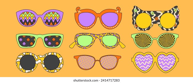 Groovy sunglasses set in trendy retro 1970s style. Vector illustration