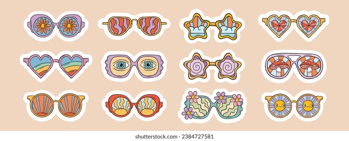 Groovy sunglasses set, vector retro hippy glasses sticker, doodle funky vintage disco accessories. Trippy boho eye, summer psychedelic eyeglasses, heart star shape eyewear kit. Fun groovy sunglasses