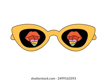 Groovy sunglasses with yellow frames, lips and tongue sticking out in glasses vector illustration