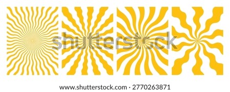 Groovy Sunny Ray Yellow Pattern. Vector Retro Sunshine Abstract Background. Summer Radial Sunburst. Yellow Sun Psychedelic Wavy Radial Texture Set
