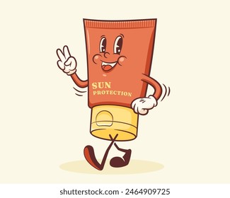 Groovy Sunscreen Cream Carácter retro. Plantilla de mascota de verano de Vector sonriente que camina del tubo de protección UV de Sun. Feliz Antiguas Beach Personage Illustration. Aislado