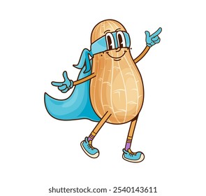 Groovy superhero peanut bean character with a funky vibe, wearing a blue cape, mask and confident smile. Cartoon vector nut in retro outfit, radiating coolness and charm as it strikes a heroic pose