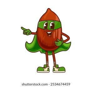 Groovy personagem noz de amendoim super-herói, completo com uma capa verde, máscara, luvas e sapatos. Cartoon vetor alimento nutricional personagem está sorrindo e apontando com confiança, incorporando força e diversão