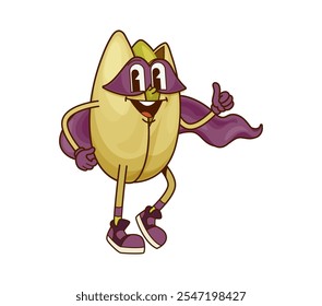 Personagem feliz de noz de pistache de super-herói groovy. mascote de vetor cômico retro de comida orgânica defensor, herói alegre de nozes de pistache personagem groovy ou personagem engraçado vestindo máscara e capa