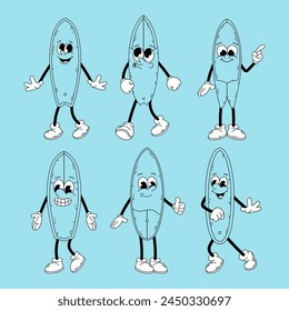 Groovy surfboard character. Set funny cartoon retro character surfboard in doodle style. Surfing.	