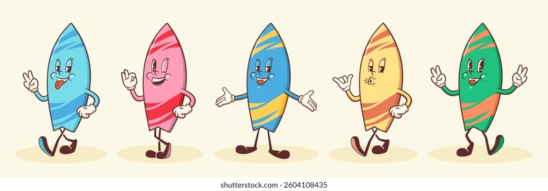 Groovy Surfboard Retro Characters Set. Cartoon Surf Walking Smiling Vector Surfing Mascot Templates Collection. Happy Vintage Cool Summer Beach Personage Illustrations. Isolated