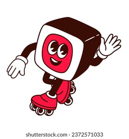 Groovy sushi character vector illustration. Cartoon isolated fast food mascot of Japanese food rollerblading and waving, funky cheerful sticker with funky face and smile, emoji on roller skates