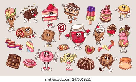 Groovy sweet cartoon characters and confectionery desserts set. Funny retro birthday chocolate cake and ice cream, cookie and candy mascot, cartoon sweets stickers of 70s 80s style vector illustration