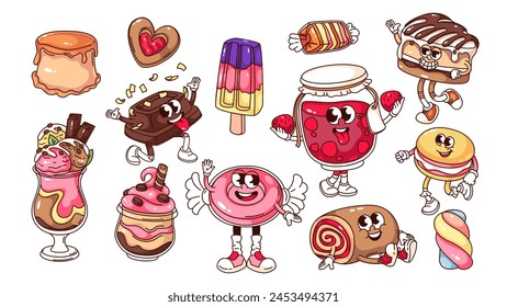 Groovy sweets cartoon characters and stickers set. Funny retro sweet food for confectionery and cafe menu collection, cute birthday treats cartoon mascots of 70s 80s style vector illustration