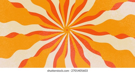 Groovy swirl background with rays retro color. Bg groovy swirl sunburst