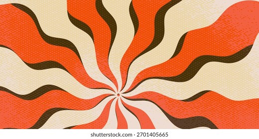 Groovy swirl background with rays retro color. Bg groovy swirl sunburst