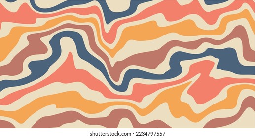 Fondo psicodélico Groovy Swirl. Papel hippie estético retro de 70 a 60 con ondas de distorsión Trippy. Ilustración de estilo vectorial moderno Seventis