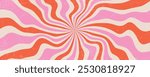 Groovy swirl retro pattern. Psychedelic 70s spiral sun rays. Vintage abstract wavy color poster. Twirl candy print with grunge texture. Vector funky radial bg