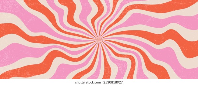 Groovy swirl retro pattern. Psychedelic 70s spiral sun rays. Vintage abstract wavy color poster. Twirl candy print with grunge texture. Vector funky radial bg