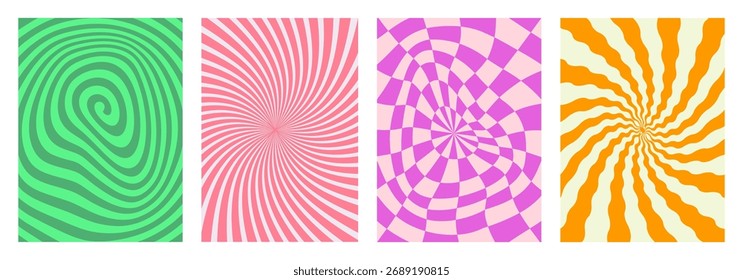 Groovy swirl stripes patterns, groovy psychedelic Y2K optical illusion backgrounds, fun spiral wave abstract checkered pattern