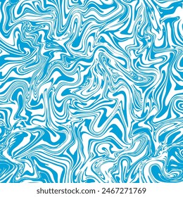 Groovy swirl vector seamless pattern. Blue wavy background in psychedelic retro 1970s aesthetic. Distorted liquid marble texture. Abstract trendy surface design with fluid acrylic art effect