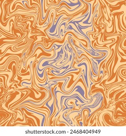 Groovy swirl vector seamless pattern. Orange and purple wavy background in psychedelic retro 1970s aesthetic. Distorted liquid marble texture. Abstract trendy surface design. Fluid acrylic art effect