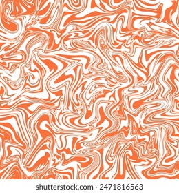 Groovy Swirl Vektorgrafik nahtloses Muster. Hell orange gewellter Hintergrund in psychedelischer Retro 1970er Jahre Ästhetik. Verzerrte flüssige Marmortextur. Abstraktes, trendiges Oberflächendesign mit fließendem Acryl-Kunsteffekt