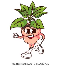 Groovy Syngonium plant in pot cartoon character running. Funny retro potted plant walking with smile and hurry, home garden and landscaping mascot, cartoon sticker of 70s 80s style vector illustration