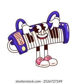 Groovy synthesizer cartoon character pressing keys. Funny retro electronic musical instrument, piano with keyboard. DJ, music mascot, cartoon synthesizer sticker of 70s 80s style vector illustration