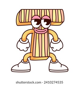 Groovy T alphabet letter cartoon character in confident pose. Funny font retro mascot with psychedelic yellow and pink striped pattern, cartoon T letter, ABC sticker of 70s 80s vector illustration