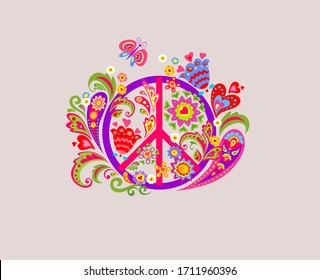 Groovy T shirt fashion print with Peace Hippie Symbol and abstract colorful flowers for textile art