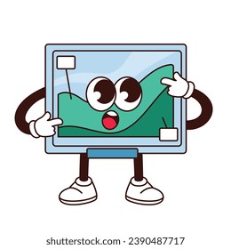 Groovy tablet character with money profit charts vector illustration. Cartoon isolated retro sticker of digital device with funny expression of face, graphic money report on screen, arms and legs