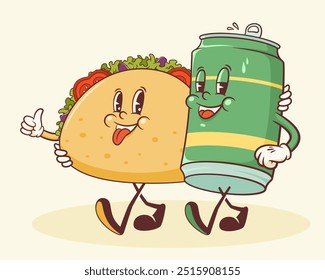 Groovy Taco and Beer Retro Characters Label. Cartoon Tortilla and Beverage Can Walking Smiling Vector Street Food Mascot Template. Happy Vintage Cool Mexican Fast Food Illustration Isolated