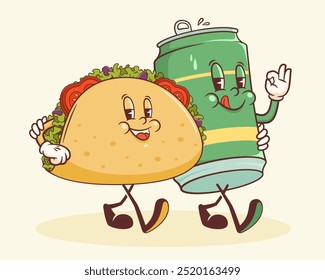 Rótulo de Caracteres Retrô Groovy Taco e Cerveja. Cartoon Tortilla e Bebidas Podem Andar Sorrindo Vetor Rua Comida Mascote Modelo. Happy Vintage legal mexicano Fast food ilustração isolada